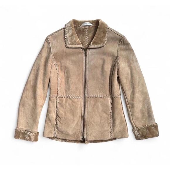 Vintage Genuine Suede Tan Boho Patchwork Womans Zip Faux Fur Lined Jacket Coat S - Picture 1 of 7